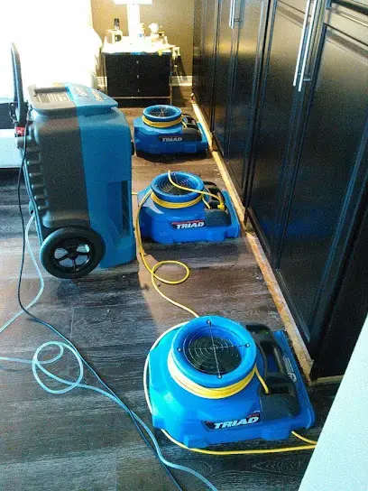 Air movers and a dehumidifier lined up along a hardwood floor beside kitchen cabinets