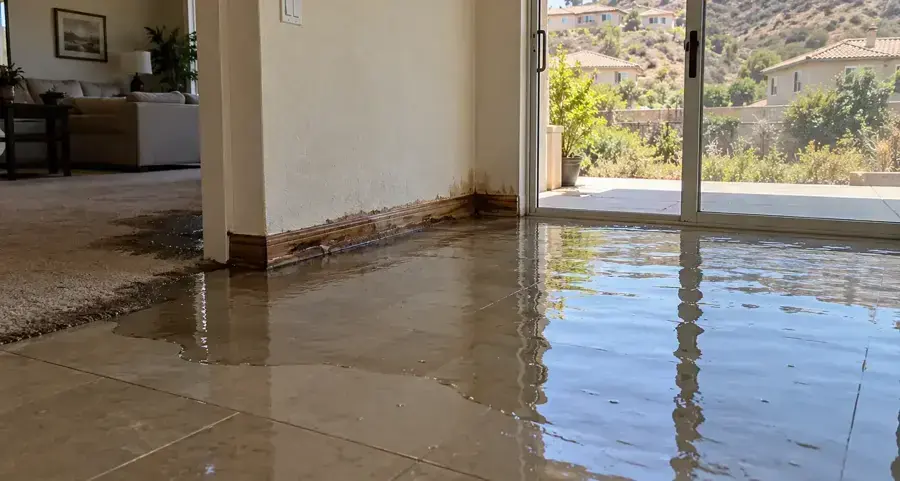Water spread across a tile floor in a living room with sliding doors open to a hillside of tile-roof homes, Laguna Niguel water damage