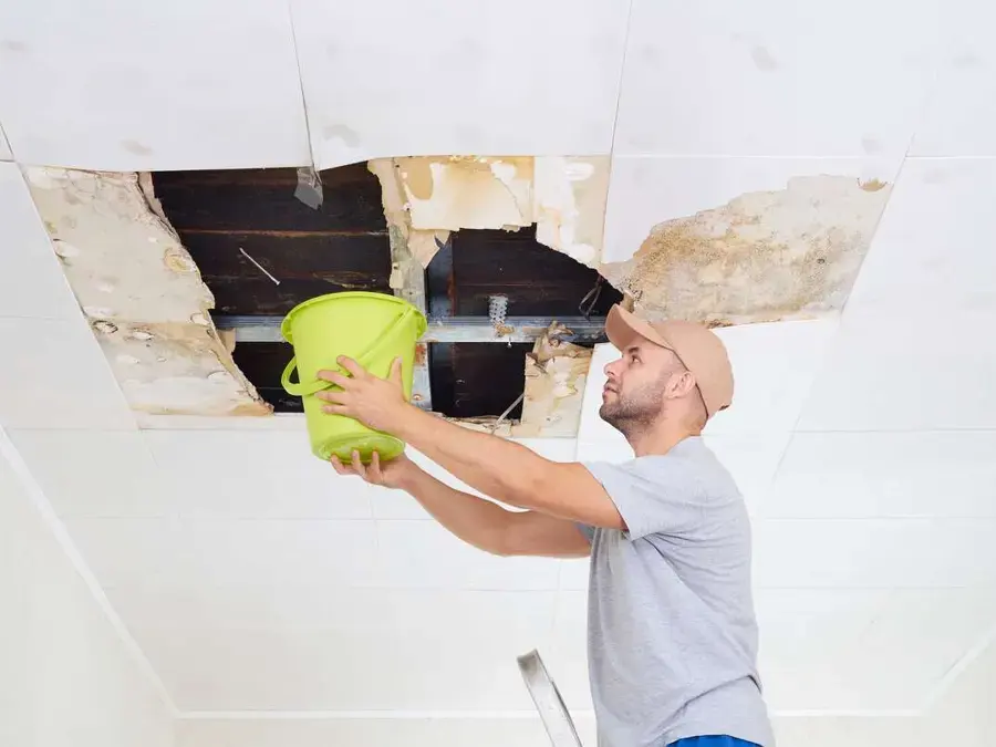 Man catching water in a bucket under an opened ceiling, ceiling leak water damage in Laguna Niguel