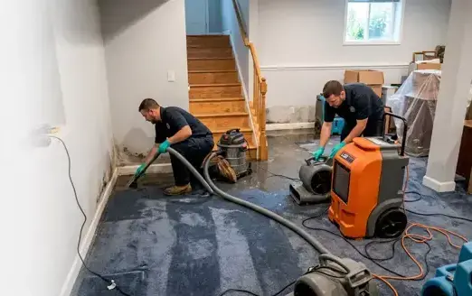 Two technicians running extraction hoses and a portable extractor over wet carpet in a Laguna Niguel hallway