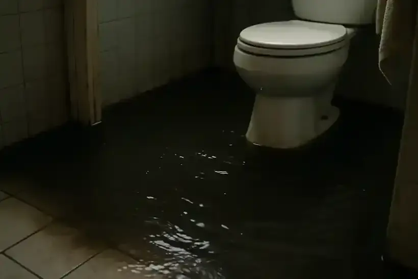 Dark sewage water covering a bathroom floor around a toilet, sewage backup cleanup in Laguna Niguel