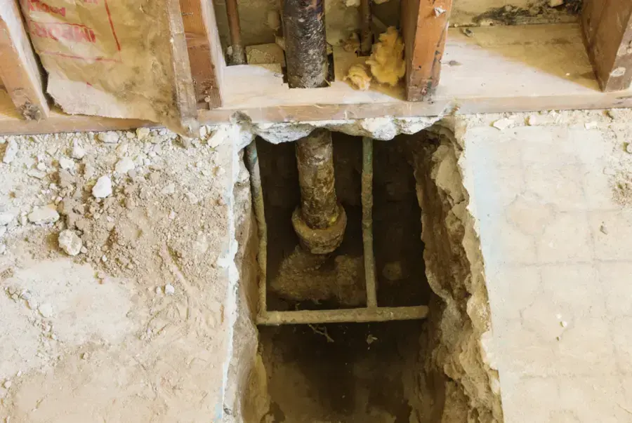 Trench opened in a concrete slab floor to reach a leaking water pipe, slab leak water damage in Laguna Niguel